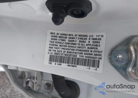 2016 Honda Civic Ex-L из США, поврежденный, VIN 19XFC1F74GE201543